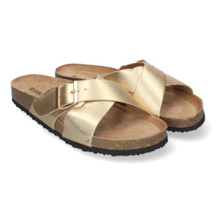 Sandales plates dorées pour femmes avec semelle bio et brides – Image 4