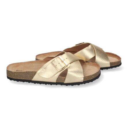 Sandales plates dorées pour femmes avec semelle bio et brides – Image 3